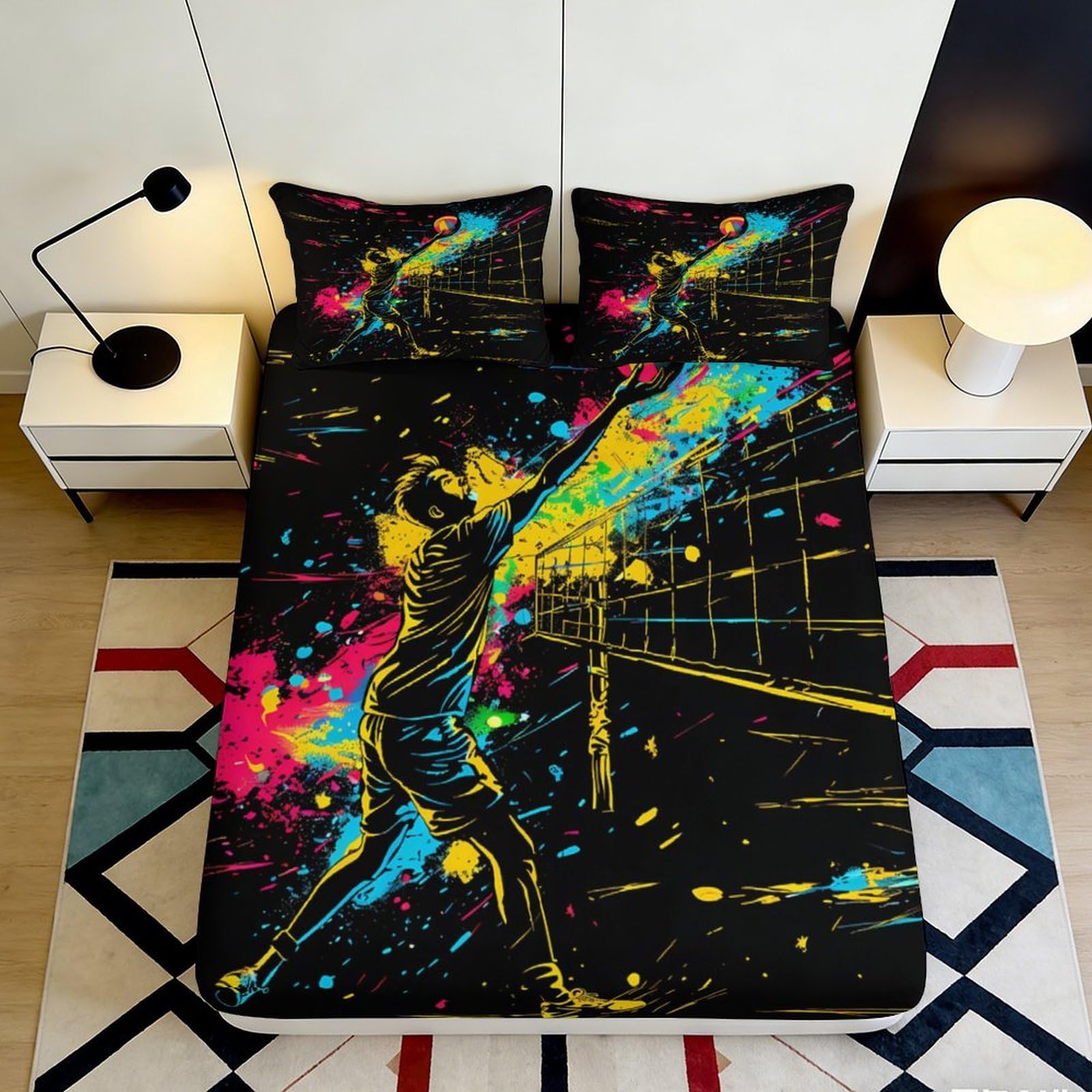 3D Printed Volleyball Player Fitted Sheet Microfiber Soft Durable Colorful Bed Cover for Bedroom Dormitory Guest Room Mattress Protection Decor 140x200x25cm