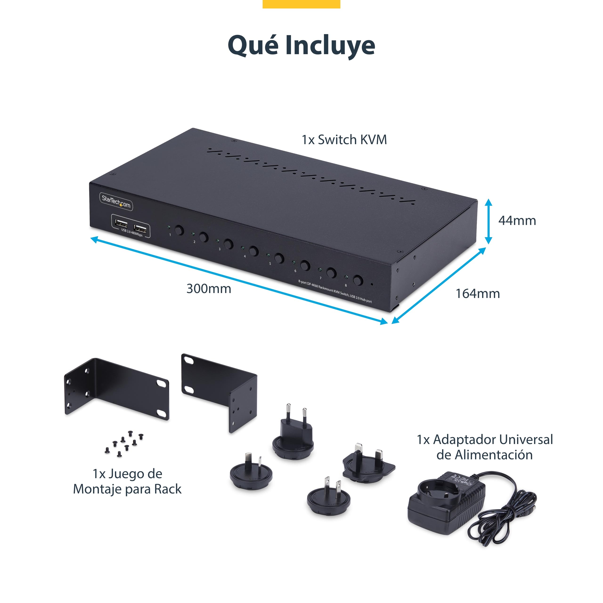 StarTech Switch KVM 8 Puertos DisplayPort 1.2, 4K 60Hz, Rack 1U | Montaje en rack de 19 pulgadas ANSI/EIA, Control a nivel de BIOS sin software, Teclas de acceso rápido y pulsadores