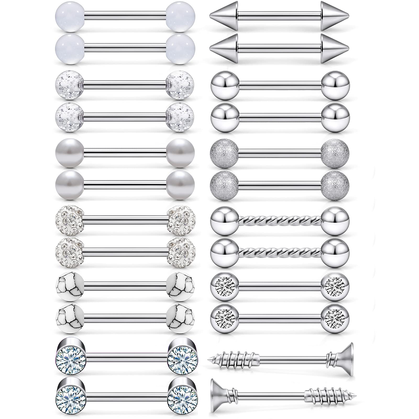 Nipple Rings - 14G Surgical Steel Screw Dangle & Shield Barbell Set - 5/8 Inch, 16mm, 12 Pairs