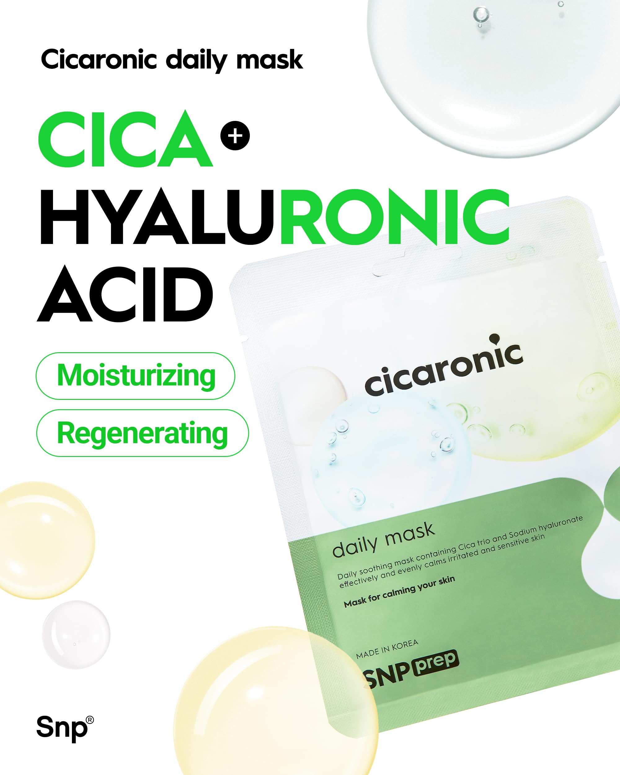 SNP Prep Cicaronic Daily Sheet Mask, Korean Face Mask with Centella Asiatica, Triple Hyaluronic Acid - Image 2