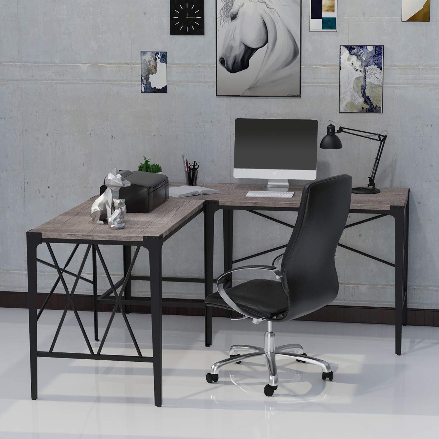 IRONCK Industrial L Shaped Computer Desk Corner Desk with Rivet Design, Study Writing Table