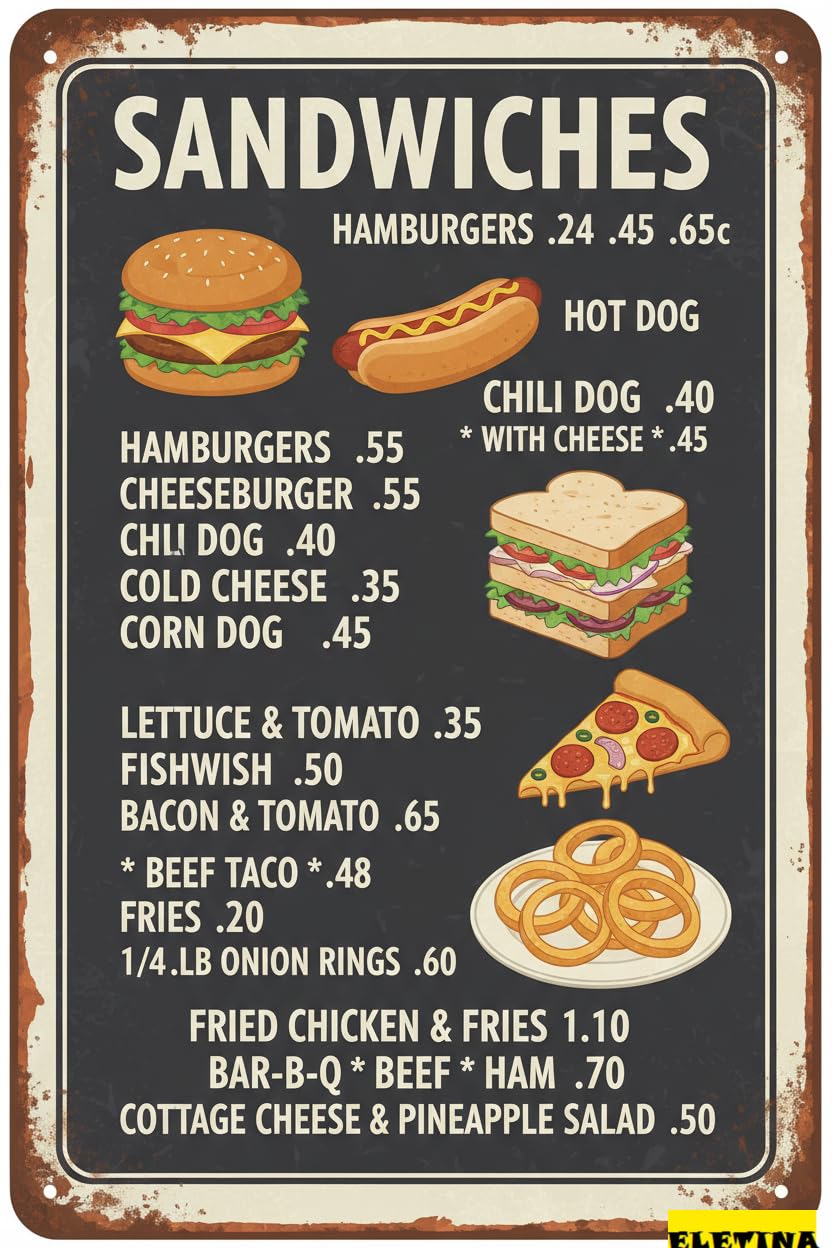 Vintage Metal Tin Sign 1940's Diner Menu Restaurant S 50s Diner Decoration Retro Home Plaque Kitchen Bar Gift Women Men 8x12 Inch