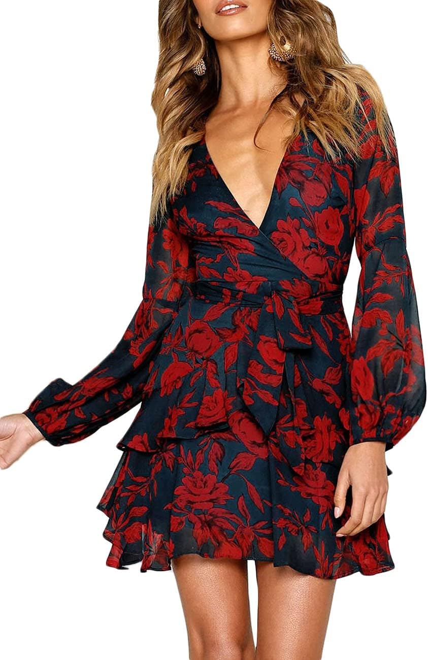 UGUEST Women Long Sleeve V Neck Dress Floral Mini Swing Party Wedding Dress with Belt Charcoal Red XL