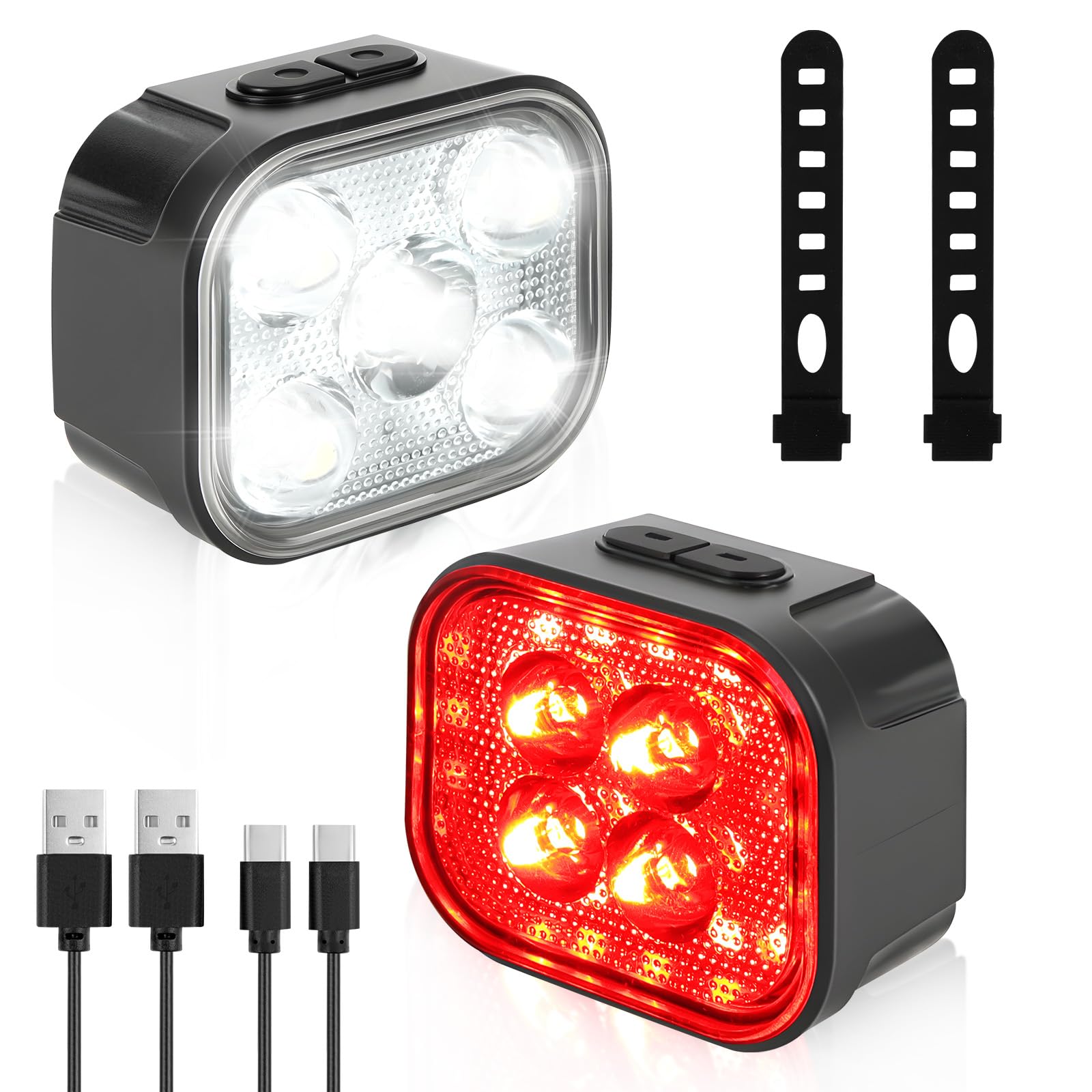 Luci Bici Kit, Impermeabili Luce Bici Anteriore e Posteriore, USB Ricaricabile Luci Bicicletta LED, Molteplici Modalità, Ultra Luminose Luce Bicicletta per Varie Bike da Strada e da Montagna