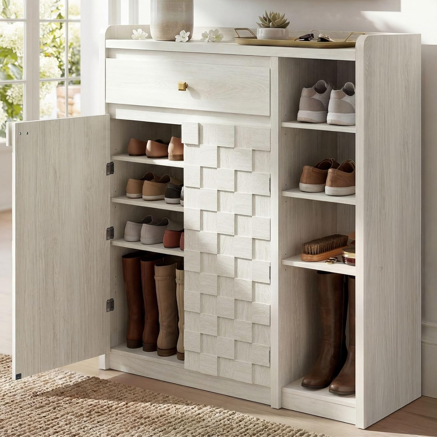 STO'SENSE Large Shoe Cabinet with Doors, 8-Tier Shoe Storage Cabinet with Drawer & 4 Side Cubbies & 5 Adjustable Shelves, 47" Tall Shoe Rack Organizer Cabinet for Entryway, Hallway (White Oak)