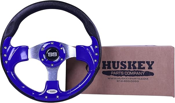 Huskey 12.5 Inch Racing Style Cobalt Blue Golf Cart Steering Wheel Compatible with Club Car, EZGO and Yamaha, SS Center Logo,Aluminum Spokes and Anti-slip Grip. Adapter Required and Sold Separately
