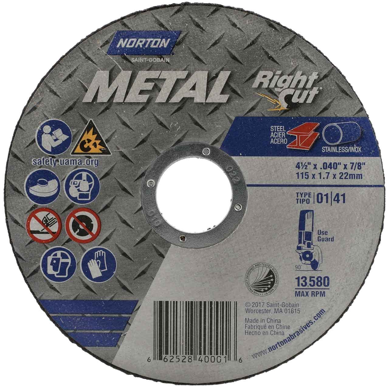 Norton 66252840001 4-1/2x.040x7/8 in. Metal RightCut Bulk AO Reinforced Right Angle Cut-Off Wheels, Type 01/41, 60 Grit, 250 Pack