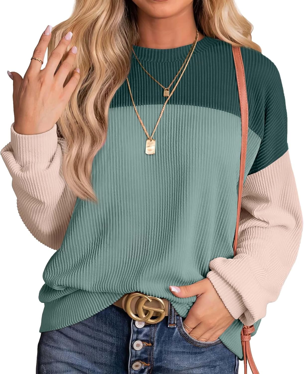 Womens Fashion 2024 Color Block Long Sleeve Crewneck Knitted Ribbed Shirts Loose Tunic Tops Casual Oversized Pullover