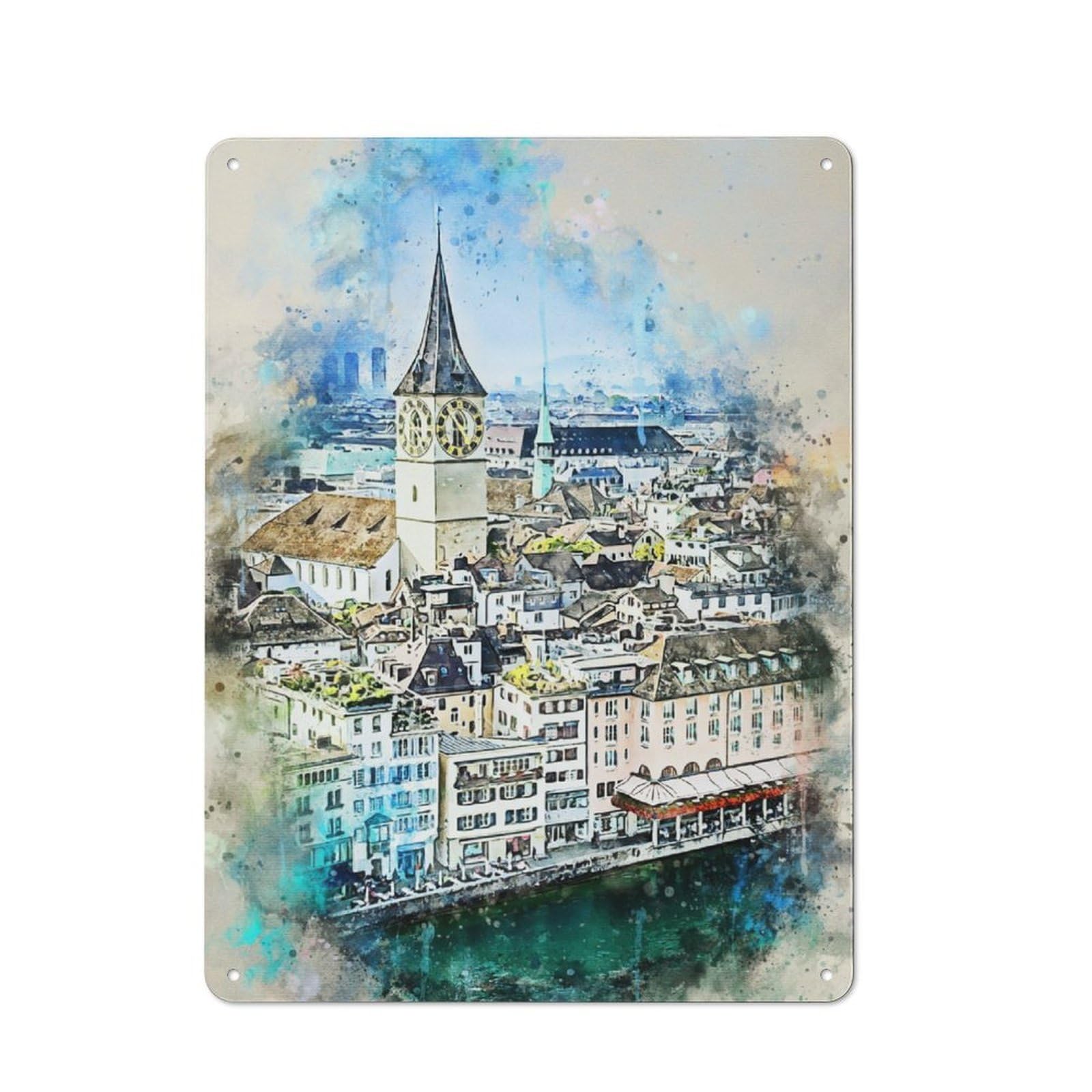 Junmoney Zurich In Watercolor Tin Wall Plaque 40X30cm With For Café Or Home Bar, For Themed Room Decoration, For Living Room And Hallway Decor