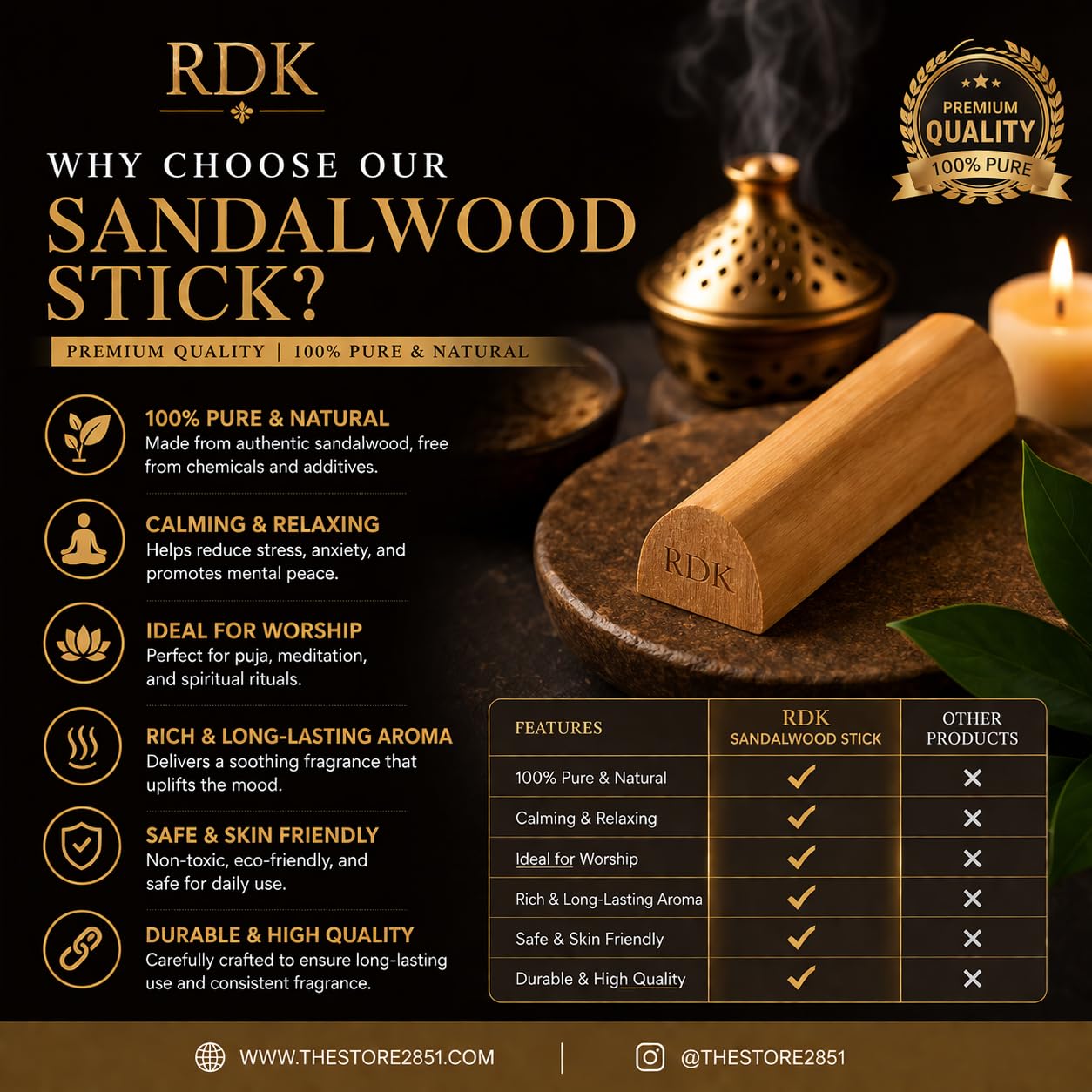 RDK® Pure Quality Mysore Sandalwood Stick Natural Safed Chandan Wood for Pooja Tilak Havan & Beauty 50-60 Grams 2