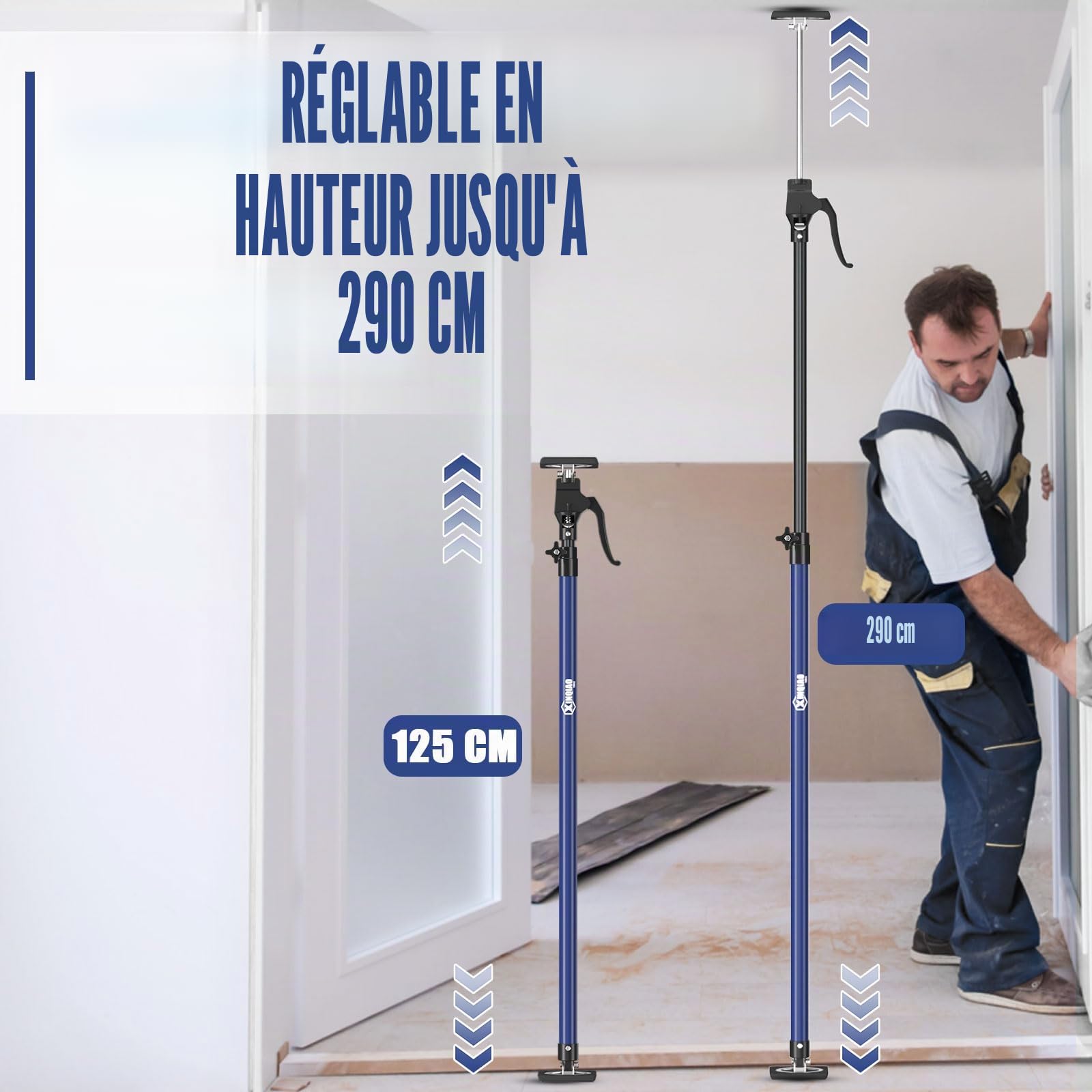 XINQIAO Outil Troisième Main, Système de Support 3ème Main, Tige de Support en Acier Premium avec Capacité de 70 KG pour Cric de Placard, Cric de Cloison Sèche, Longueur 125-290 CM, 4 Pièce