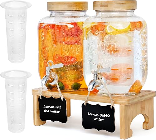 Dispensador de bebidas de 1 galón con soporte, paquete de 2 dispensadores de bebidas de vidrio con soporte de madera, espita de acero inoxidable y