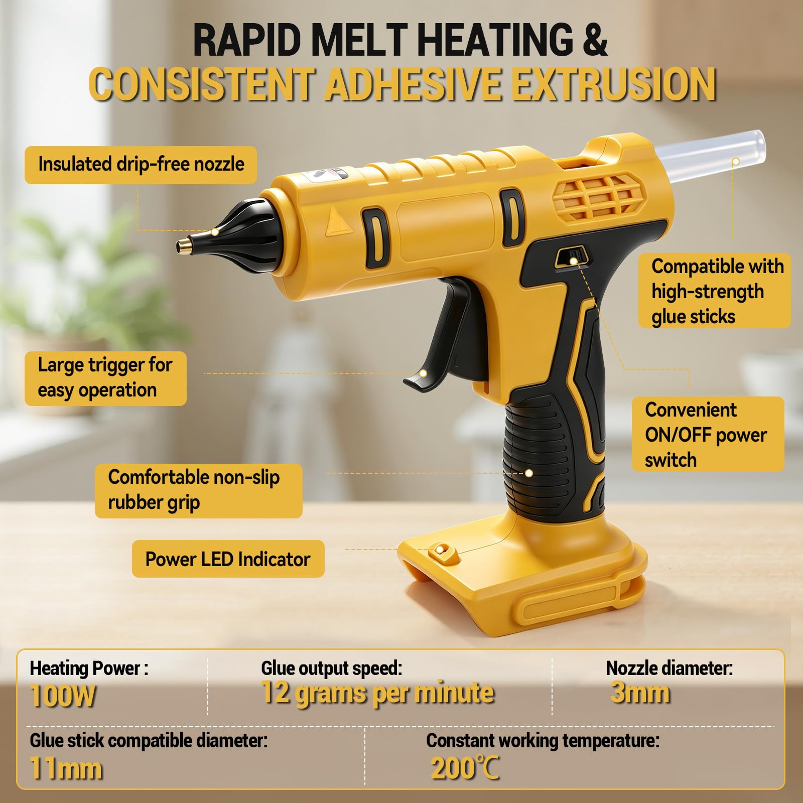 Pistola de pegamento caliente a batería compatible con Dewalt 18V/20V, pistola de pegamento caliente con 20 barras de pegamento de 11 mm, ideal para reparaciones, manualidades, bricolaje (amarillo