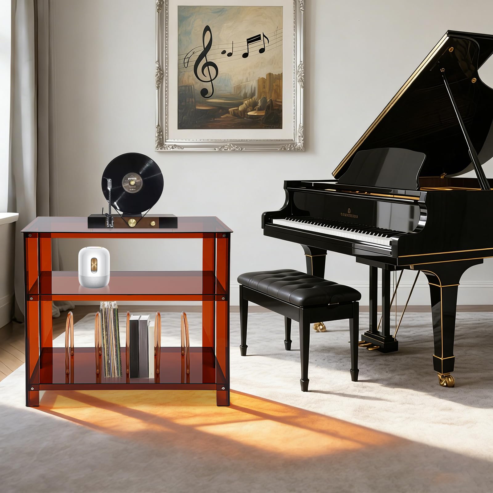 Acryl Plattenspielerständer Schallplatten Regal mit 3 Ablagen, Plattenständer mit Schallplatten Aufbewahrung, Vinyl Regal für Schlafzimmer, Wohnzimmer & Musikzimmer, 80 * 40 * 74 cm (Braun)