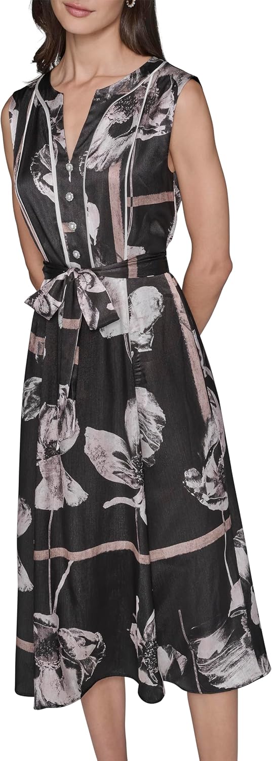 Karl Lagerfeld Women's Short Sleeve Crinkle Poly Satin Tie Waist Midi Dress