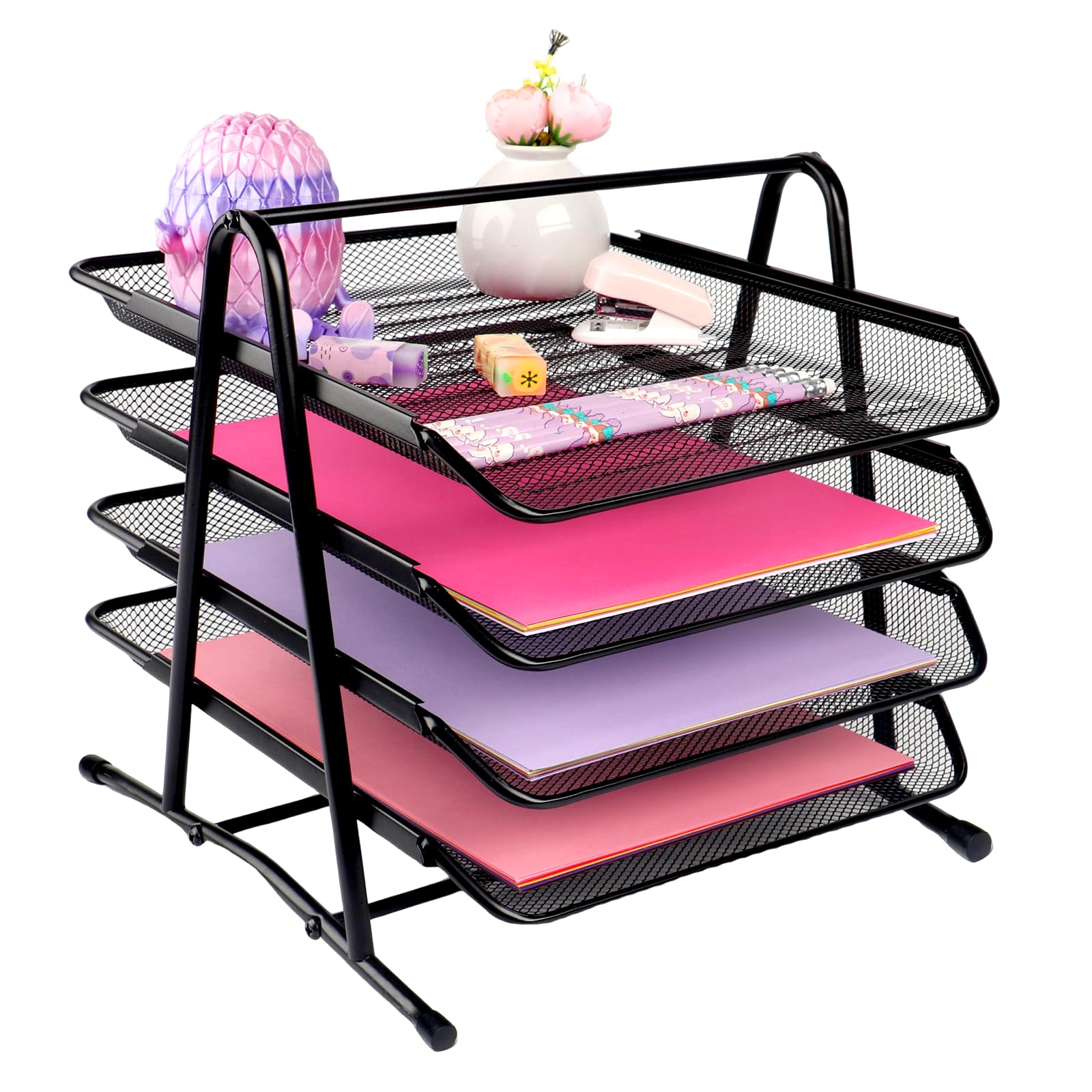 Hmxljjy Black Metal Mesh Desk Organiser, 4-Tier Letter Tray Office Filing Trays Holder, Stackable Document Organiser, Stacking Supports Document Filing Trays For Home Office School,