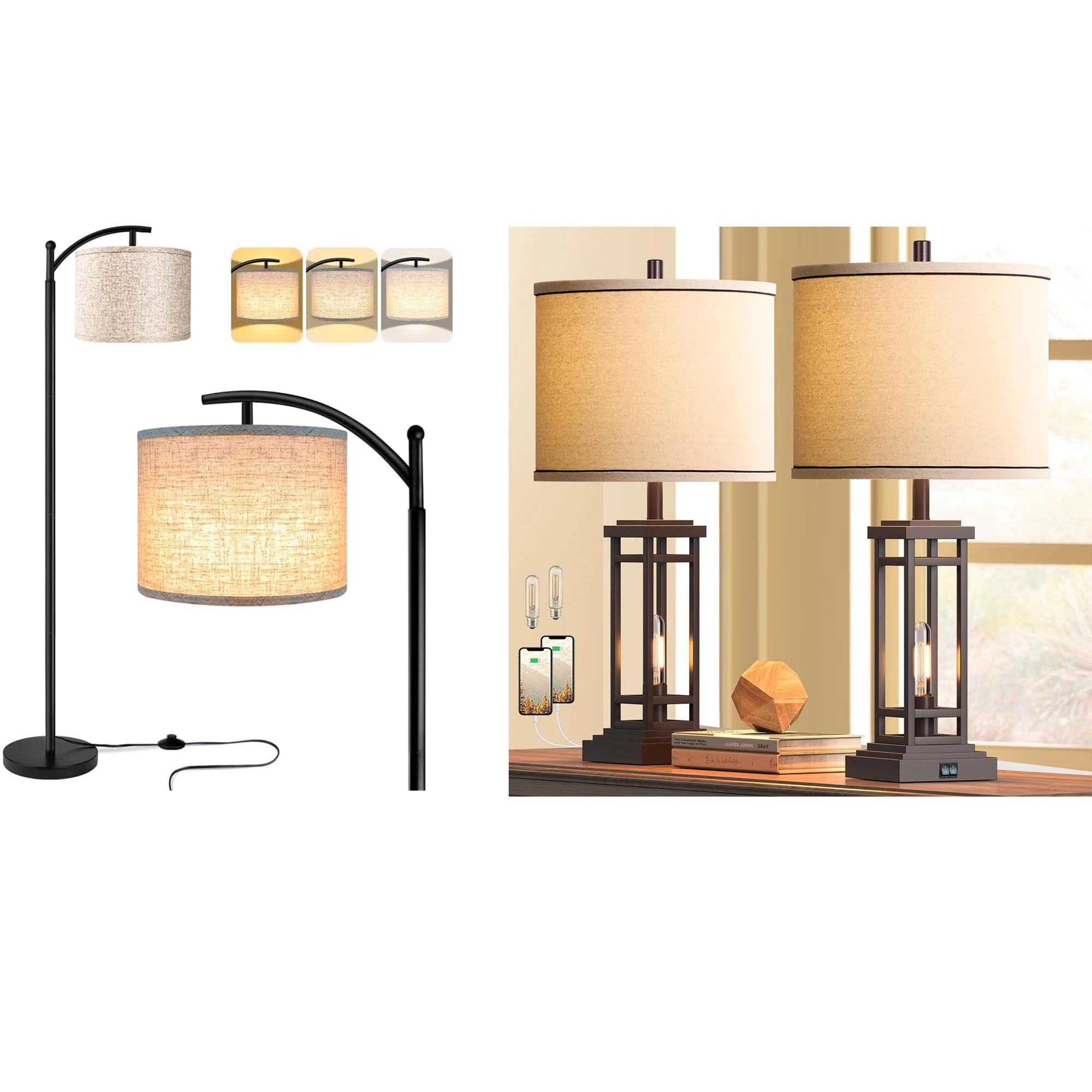 ROTTOGOON 3 Color Temperature Living Room Floor Lamp and 27.5" Set of 2 Tall Farmhouse Table Lamp with Bedside Lamp Oil Rubbed Bronze Off Beige Oatmeal Shade, 2 Items Bundle.