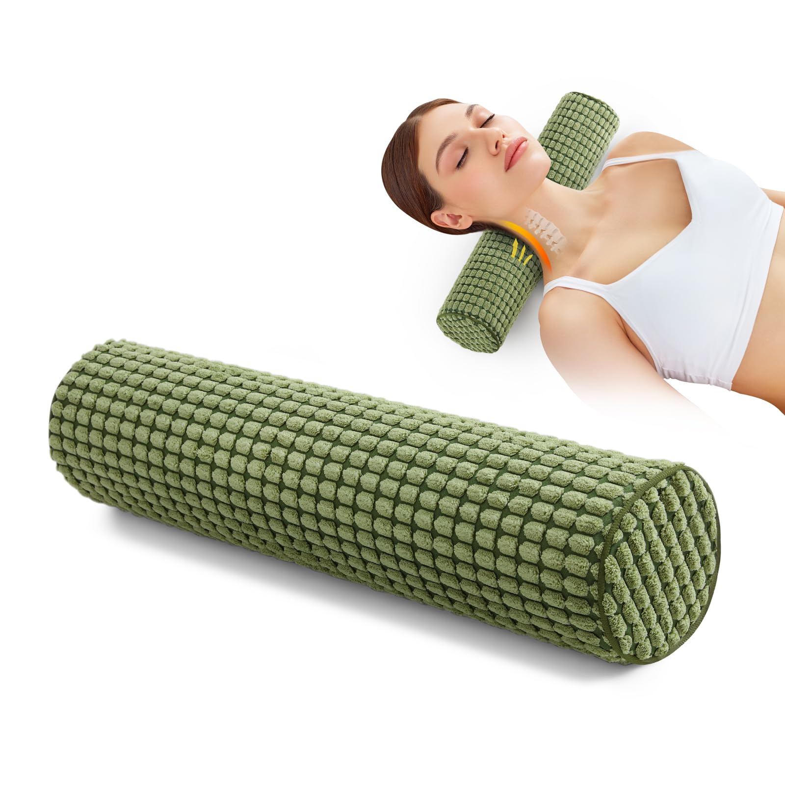 Blissful Diary Neck Pillow for Sleeping, Memory Foam Plush Dot Washable Cervical Neck Pillow for Neck Pain Relief, Multi-functional Home Office Travel Yoga Round Cylinder Bolster Pillow, Stylish Green