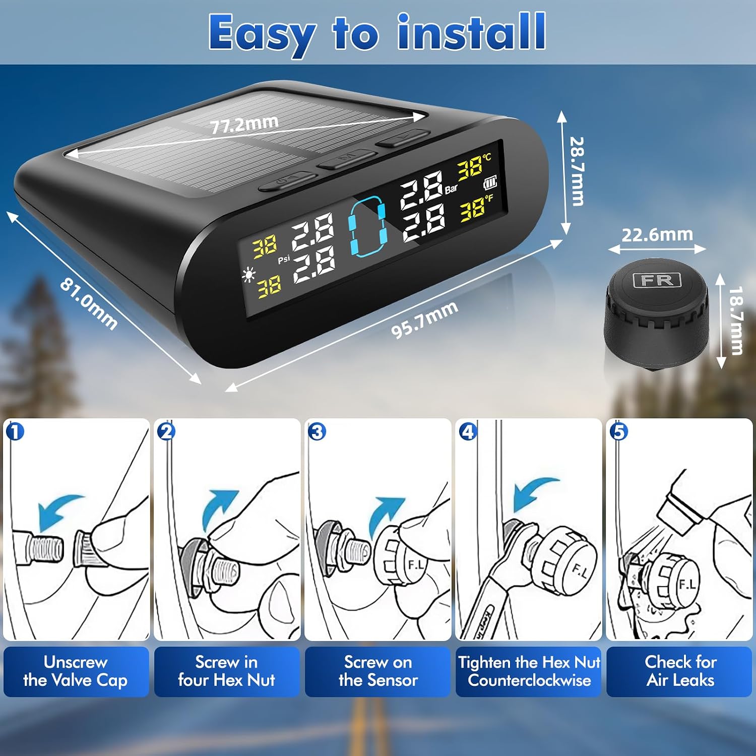 Tire Pressure Monitoring System (TPMS) RV Tire Pressure Monitoring System Solar/USB Charger with 4 Sensors & 6 Alarm Real-time Display for sedans SUV MPV Pickup Truck RV 0-87PSI
