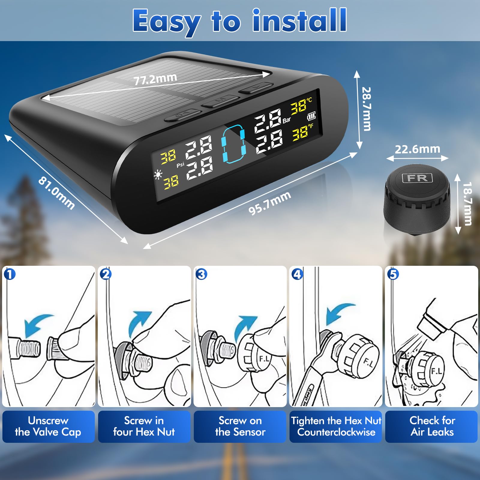TPMS Sistema di monitoraggio della Pressione degli Pneumatici Solare Senza Fili e con Doppia Ricarica USB 5 modalità di Allarme 4 sensori Pressione Pneumatici, per Caravan Auto 0-3,5Bar Gamma