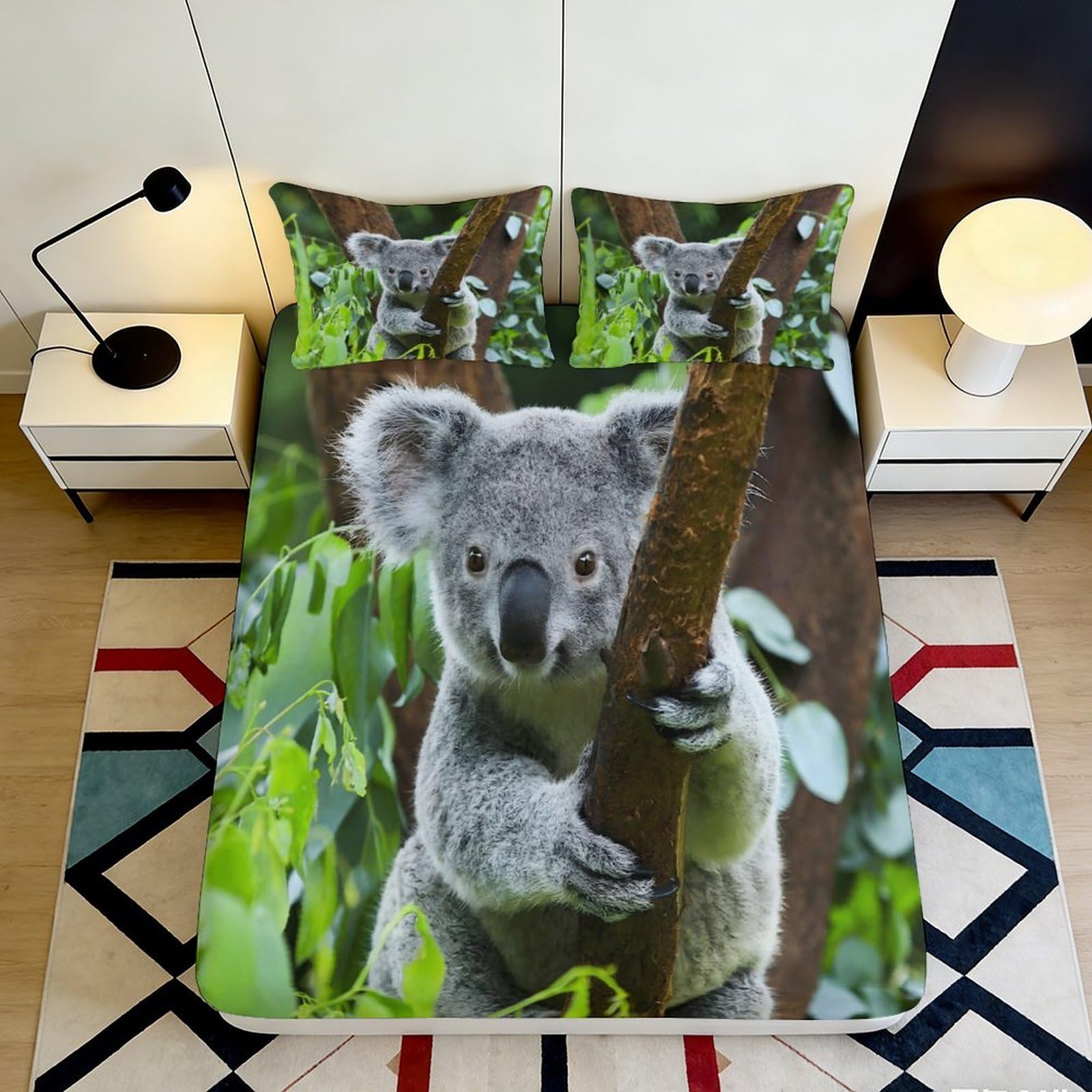 3D Printed Koala Fitted Sheet Microfiber Non-Slip Deep Pocket Koala Mattress Fitted Cover Bedroom Bedding Elastic Hem Washable 140x200x25cm