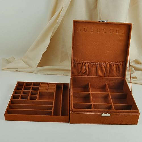Miniatura 6 de Cajas de joyería de 10 x 10 pulgadas, 2 capas con asa para collares, organizador de joyas, anillos para mujer, exhibición de almacenamiento, caja de