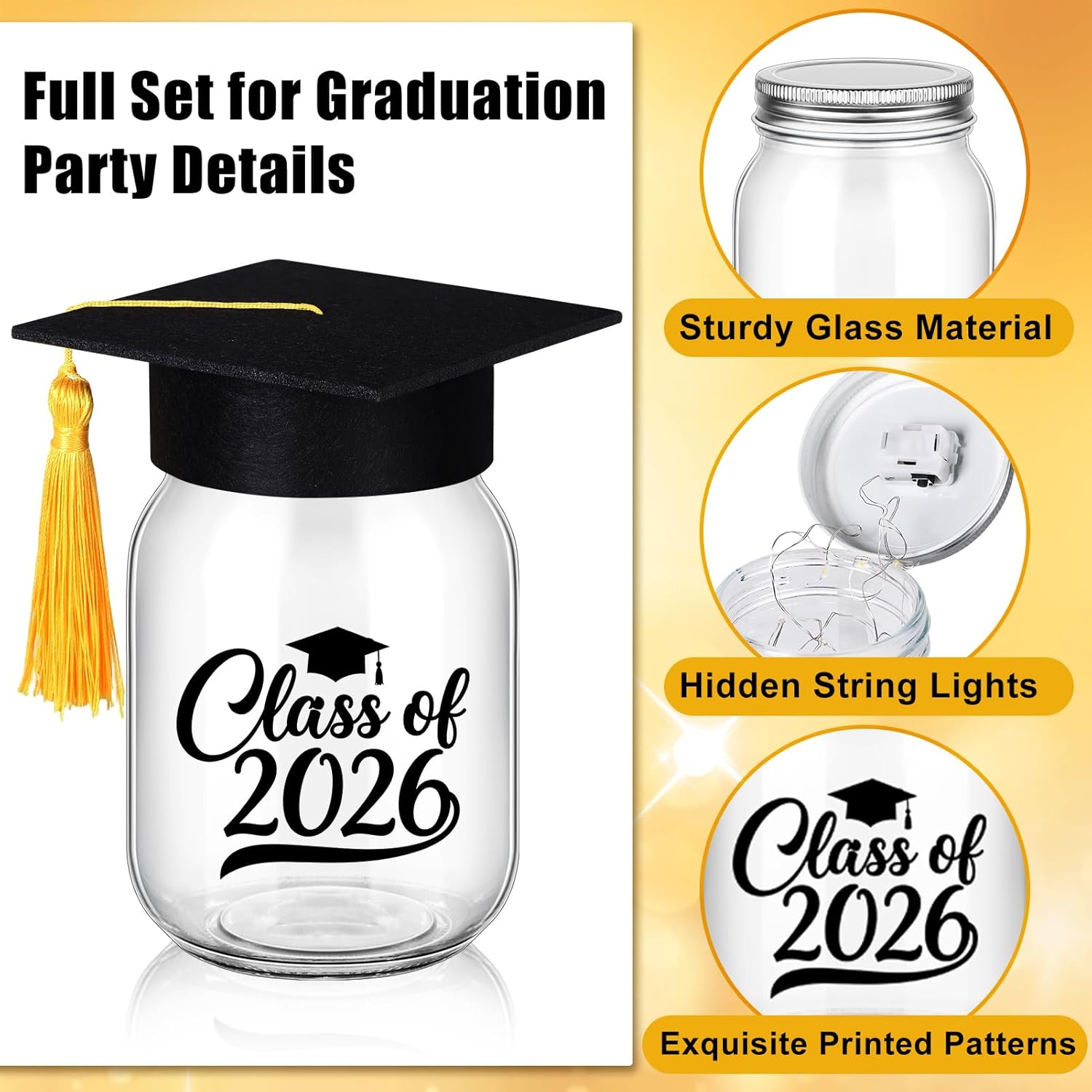 12 Sets 2026 Graduation Table Decoration with Lights, Light up Glass Mason Jars with Printed Designs for Class of 2026 Graduation Table Centerpieces Decor with Grad Hat for Congrats Grad Party Favor