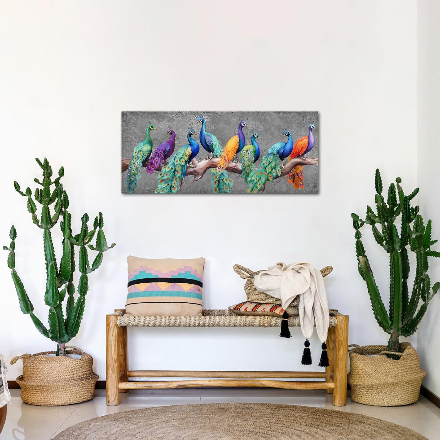 KREATIVE ARTS Large Canvas Prints Wall Art Peacocks Showing Beautiful Feathers SpreadingTail Modern Painting Home Decoration Stretched Gallery Canvas Wrap Giclee Print & Ready to Hang 48x20 Inches