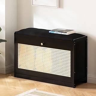 Shoe Storage Bench with Padded Seat Cushion Entryway Wooden Shoe Bench with Storage Shoes Organizer Rack shoe bench entryway with storage and Seating for Living Room,Entryway,Hallway(Black,70*24*44cm