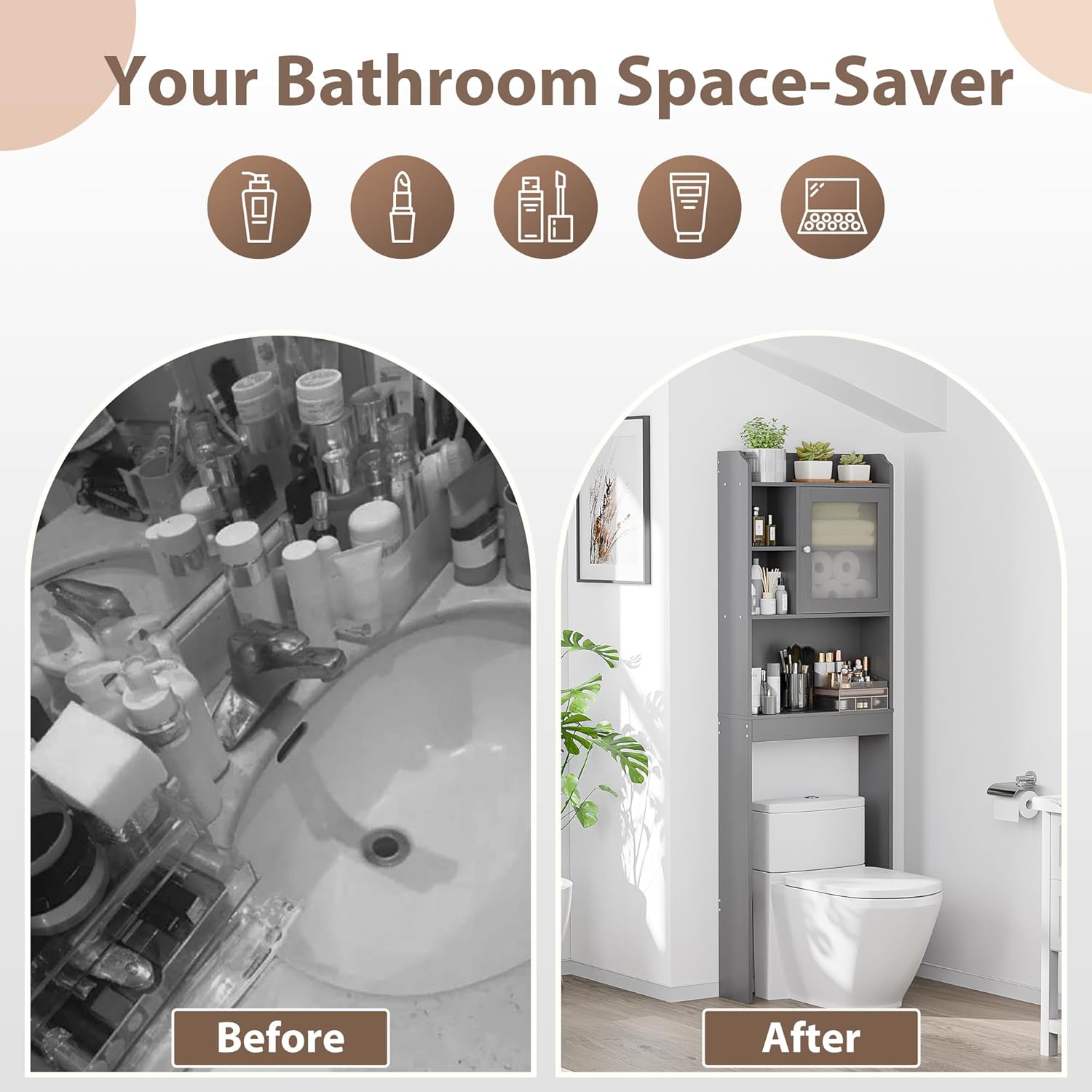 ZenStyle Over The Toilet Cabinet Double Door Wood Bathroom Storage Organizer with Adjustable Shelves, Cubby and Tempered Glass Door (Grey)