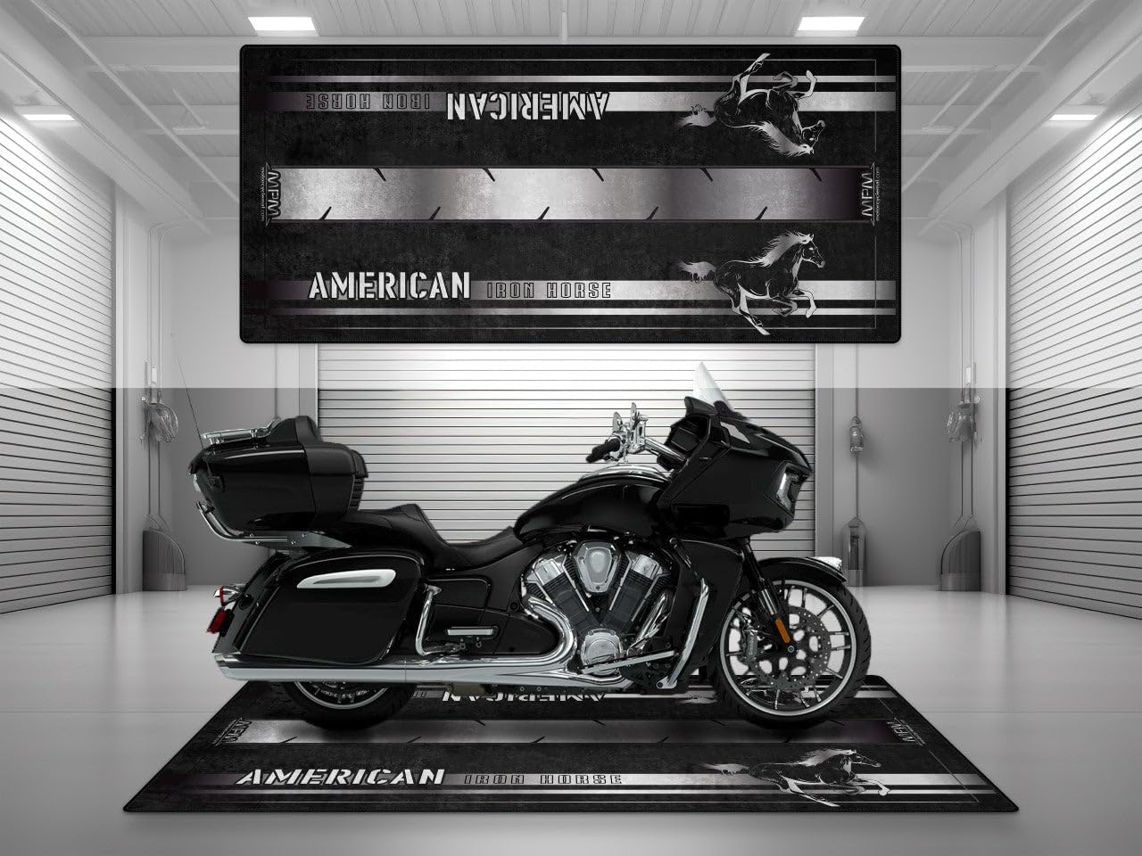 MPM Motorcycle Mat for Indian Motorcycle Washable Non - Slip Oil & Water Resistant Parking Pitmat for Garage, Showroom, Workshop Use | Black Metallic - Size 2: 102 x 47/260 x 120 cm
