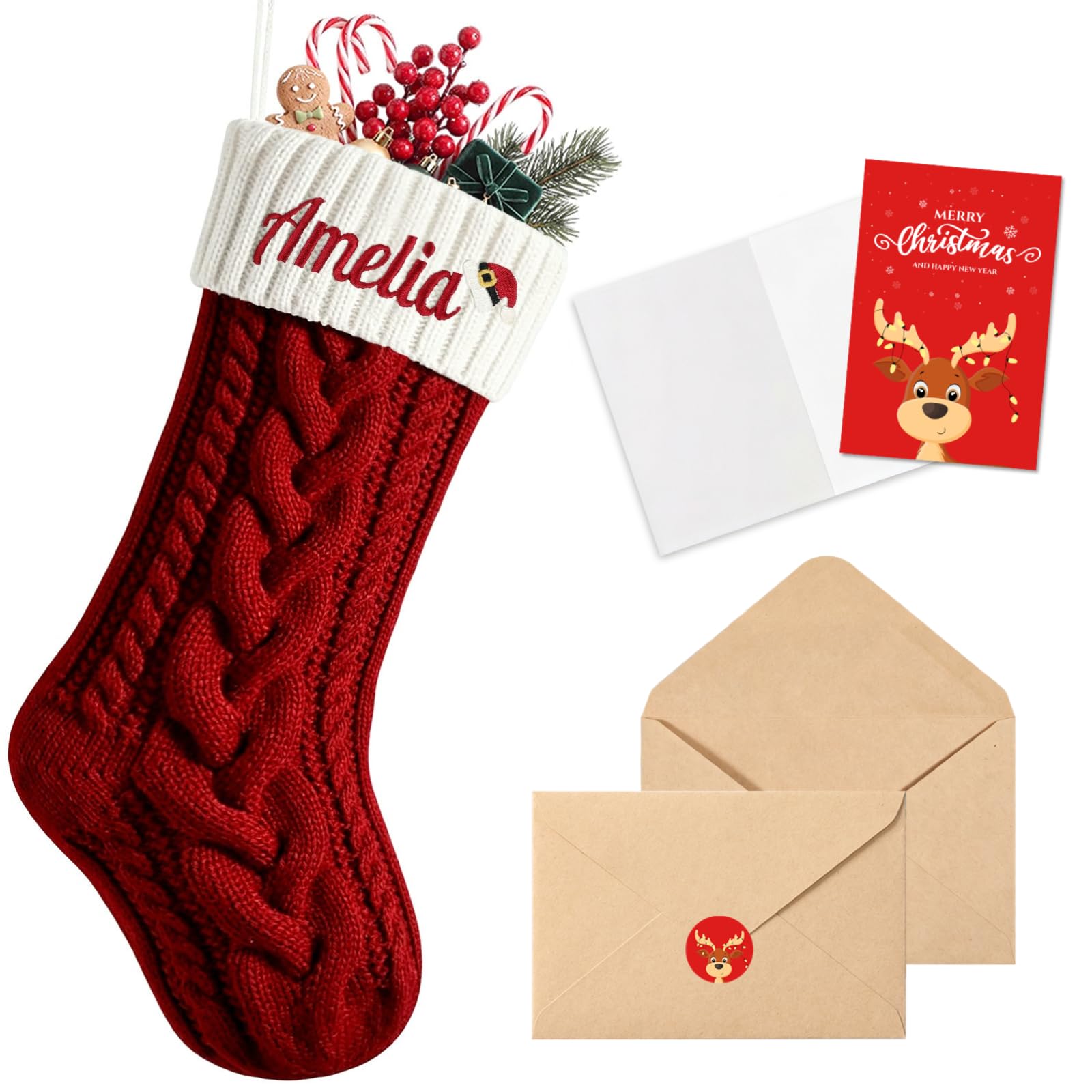Personalised Christmas Stockings with Christmas Cards, 18" Custom Embroidered Names Monogram Red Christmas Stocking for Kids, Family & Pets, Large Knit Xmas Stocking for Holiday Fireplace Decor Gifts