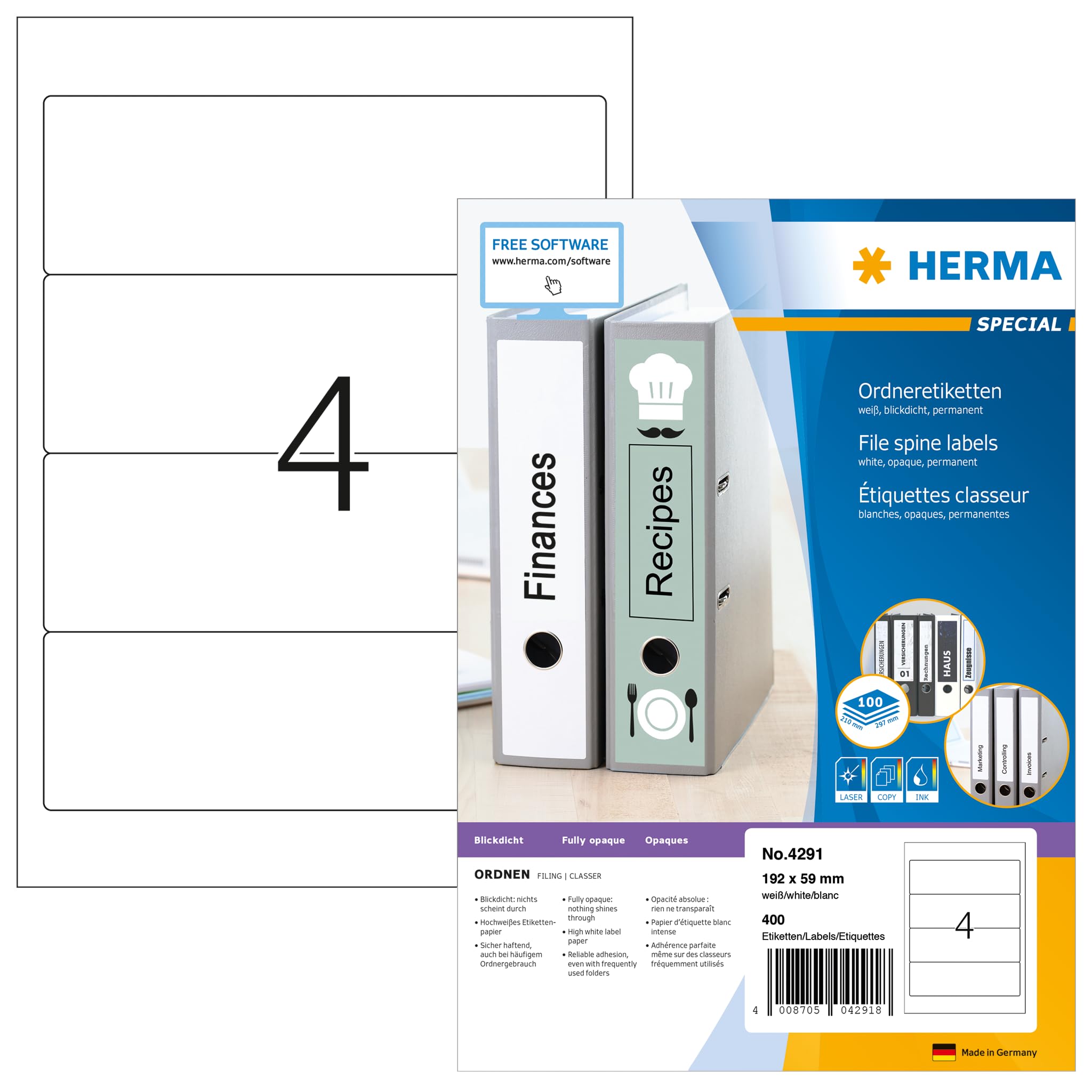 HERMA Self Adhesive Spine Labels, 4 Labels per A4 Sheet, 100 Sheets, 192 x 59 mm, 400 Labels, Blank Lever Arch File Folder Labels Stickers, Sticky Labels for Laser & Inkjet Printer, White