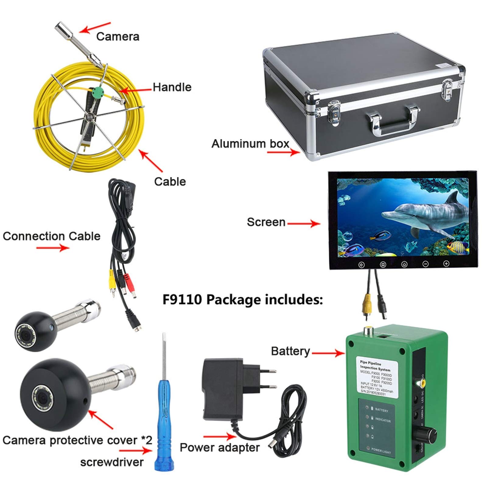 Telecamera di ispezione con luci LED 8 Pezzi, videocamera per scarichi fognari Endoscopio Impermeabile IP68 per tubazioni, periscopio con Monitor da 10 Pollici