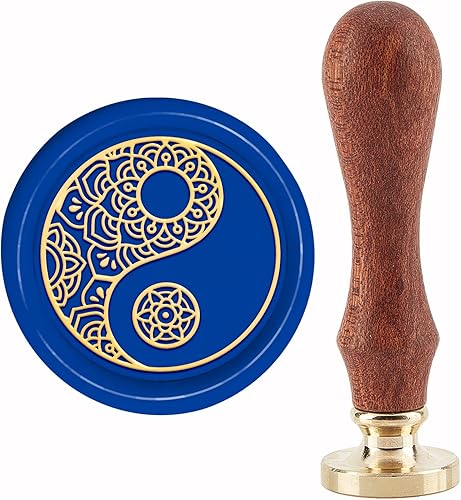 CRASPIRE Yin Yang - Sello de cera con mandala, diseño de mandala, 1.181 in, retro, vintage, extraíble, latón, cabeza con mango de madera, para