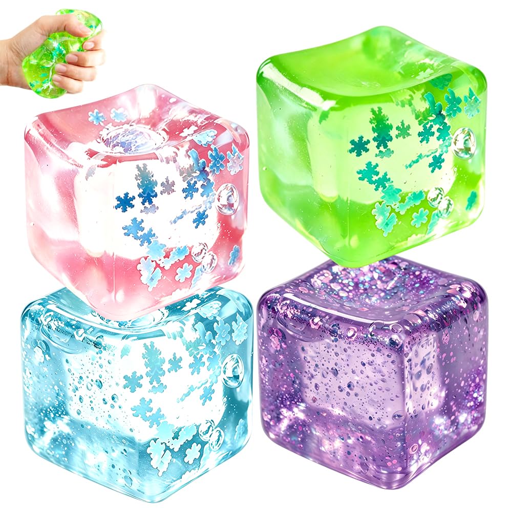 Spiritzohic 4 Pcs Ice Cube Fidget Toys, Ice Cube Squishy Fidget Toys, Sensory Squishy Toy, Square Stress Balls Gifts for Adults Kids Teens Presents Anxiety Relief Stress Toy Classroom Prizes Office — image 1