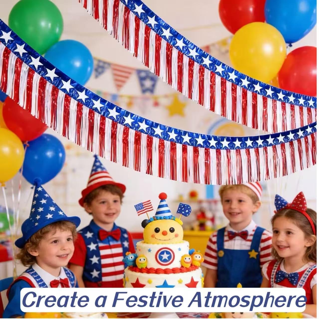 DDMY 4Pack 4th of July Decorations Red White and Blue Decoration Foil Fringe Garland Tinsel Streamers Metallic Banner Hanging for Patriotic Independent Memorial Day Party Parade Floats 40ft