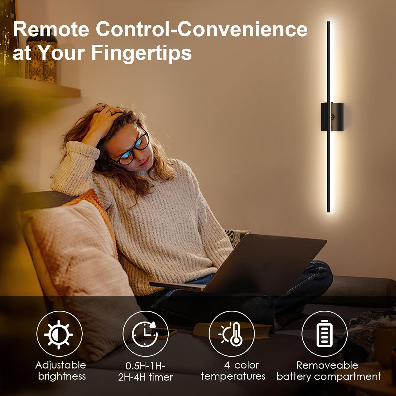 Battery Operated Wall Sconce with Remote Control, Wall Sconces Set of Two, Dimmable Led Lights for Bedroom, 3000K-6500K Battery Lights for Wall Decor, Hallway, 31 Inch