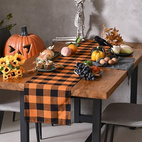Miniatura 4 de Tosewever Camino de mesa a cuadros de búfalo de Halloween, mezcla de algodón y poliéster, clásico camino de mesa familiar para interiores y