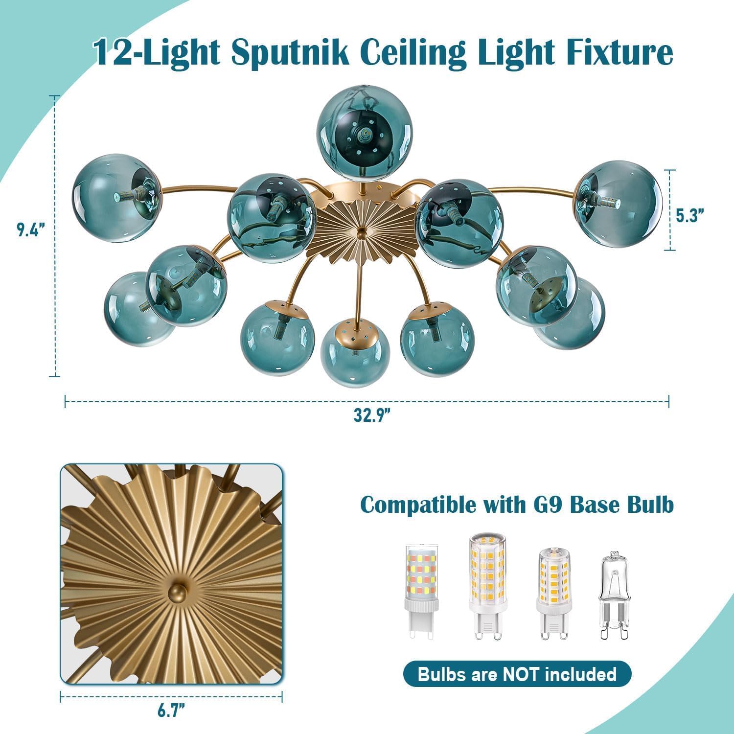 ​12-Light Sputnik Bubble Chandelier Light Fixture,40" Modern Semi-Flush Chandelier Light with Glass Globes, Bubble Lighting Fixture for Living Room, Dining Room, Entryway (Blue, 12-Lt)