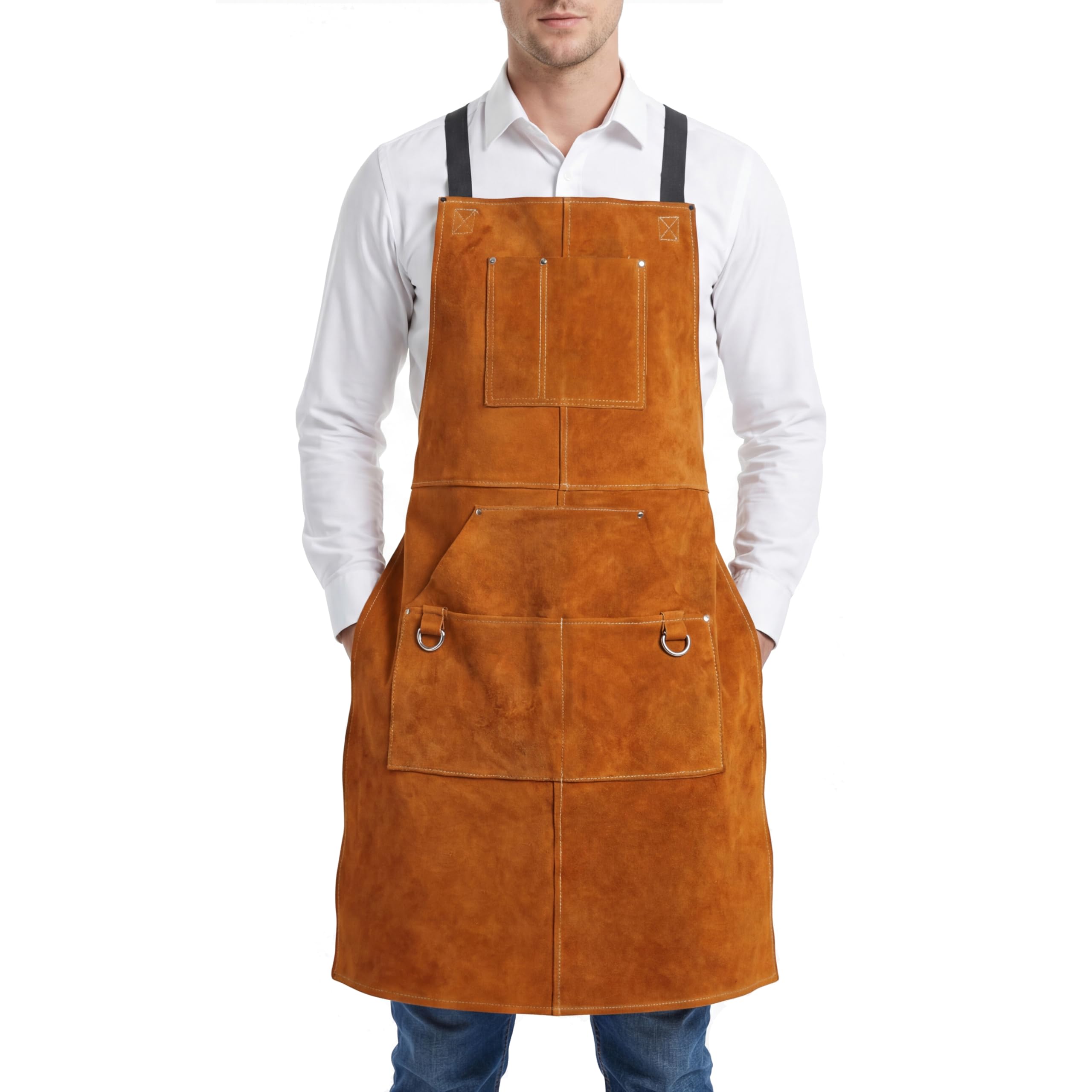 Delantal de Soldadura de Cuero Forro Suave – Resistente al Calor, Retardante de Llama, Delantal de Protección Robusto con Múltiples Bolsillos