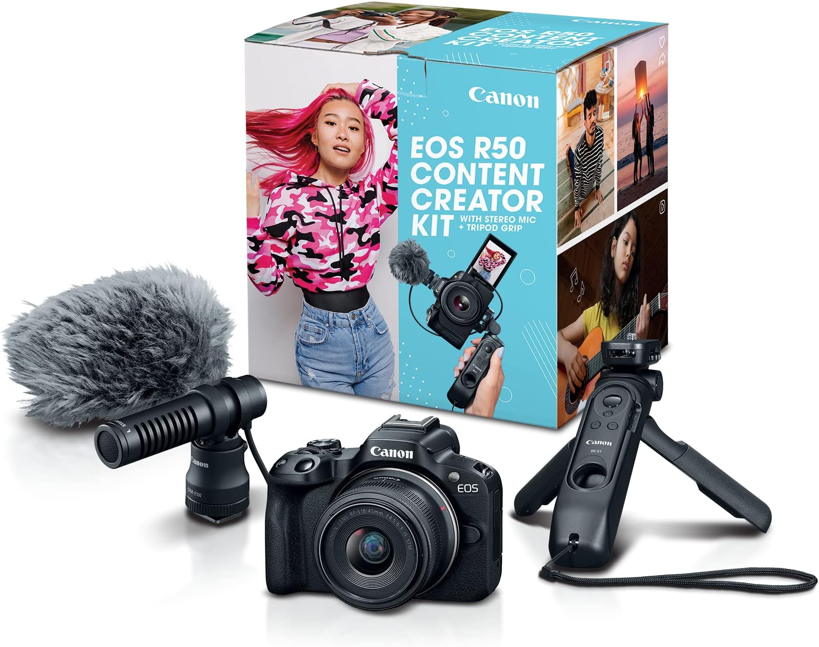 EOS R50 Content Creator Kit, Hybrid Mirrorless Camera with RF-S18-45mm F4.5-6.3 IS STM Lens, Tripod Grip, Microphone, Wireless Remote Control, 24.2 MP CMOS (APS-C) Sensor, Vlogging Camera, Black