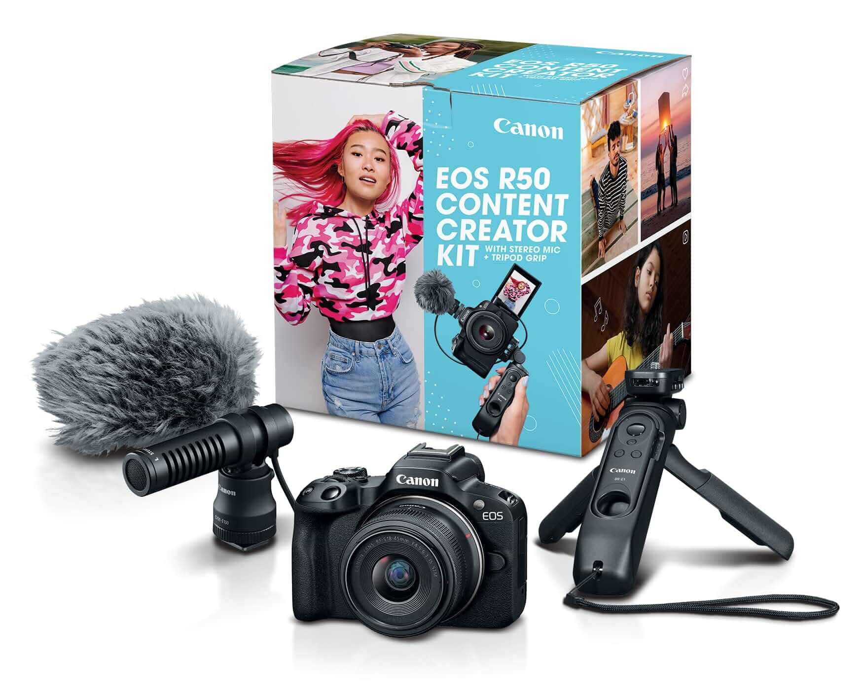 CanonEOS R50 Content Creator Kit, Hybrid Mirrorless Camera with RF-S18-45mm F4.5-6.3 IS STM Lens, Tripod Grip, Microphone, Wireless Remote Control, 24.2 MP CMOS (APS-C) Sensor, Vlogging Camera, Black Mirrorless