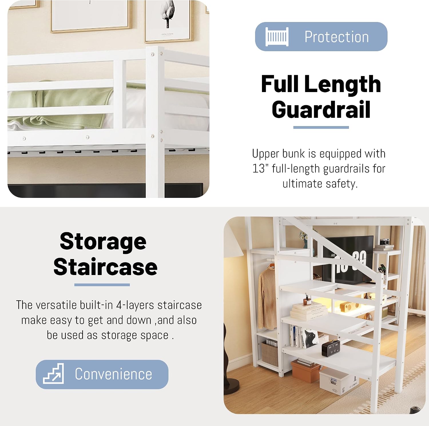Full Size Loft Bed with Stairs,Metal Gaming Loft Bed with TV Cabinet,LED and Charging Station, High Loft Bed Full with Storage Shelves and Wardrobe for Kids Teens, Adults, White