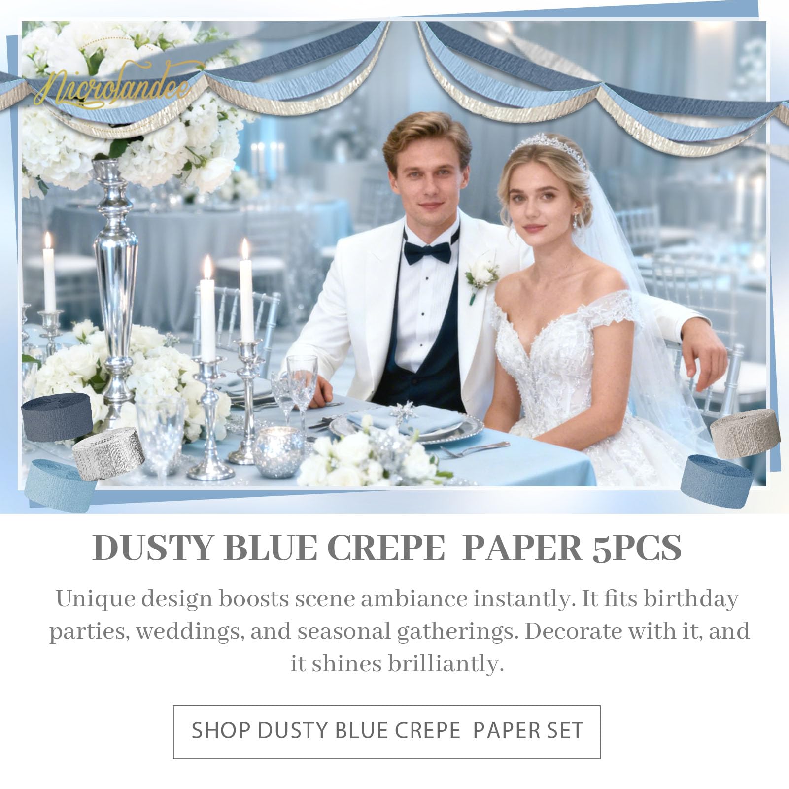 NICROLANDEE 5 rotoli di carta crespa blu polveroso grigio argento per decorazioni di nozze, ghirlanda di carta decorazione per qualcosa di blu, addio al nubilato, sfondo per baby shower