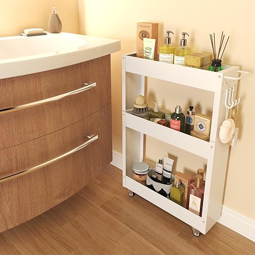 Miniatura 14 de Carrito de almacenamiento delgado, 5 pulgadas de ancho, carrito rodante blanco de 4 niveles con asa y parte superior de madera para cocina, baño,