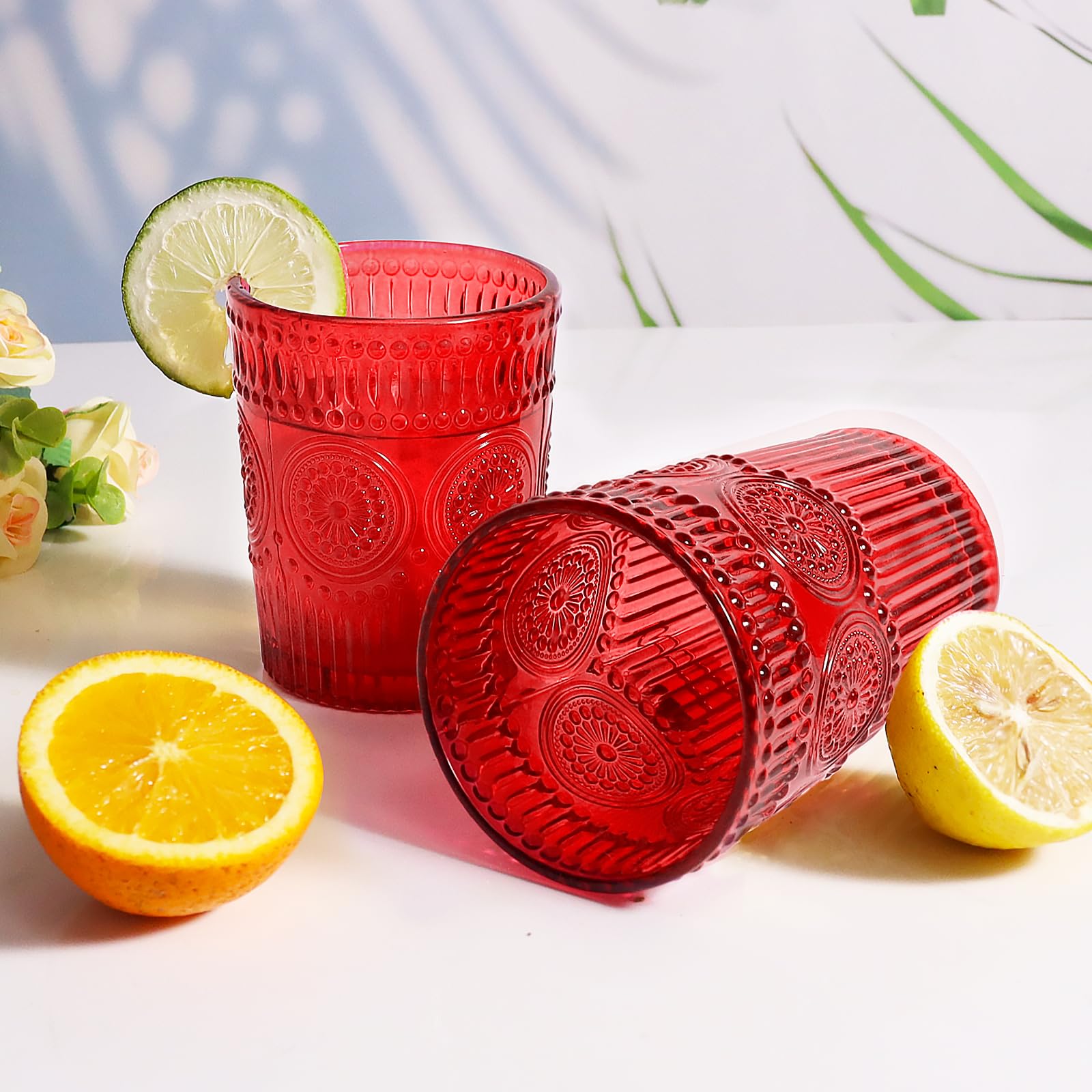 Loivttvv Lot de 12 verres à boire vintage de 355 ml et verres côtelés en relief de 255 ml pour cocktail, eau, jus, café, whisky (rouge)