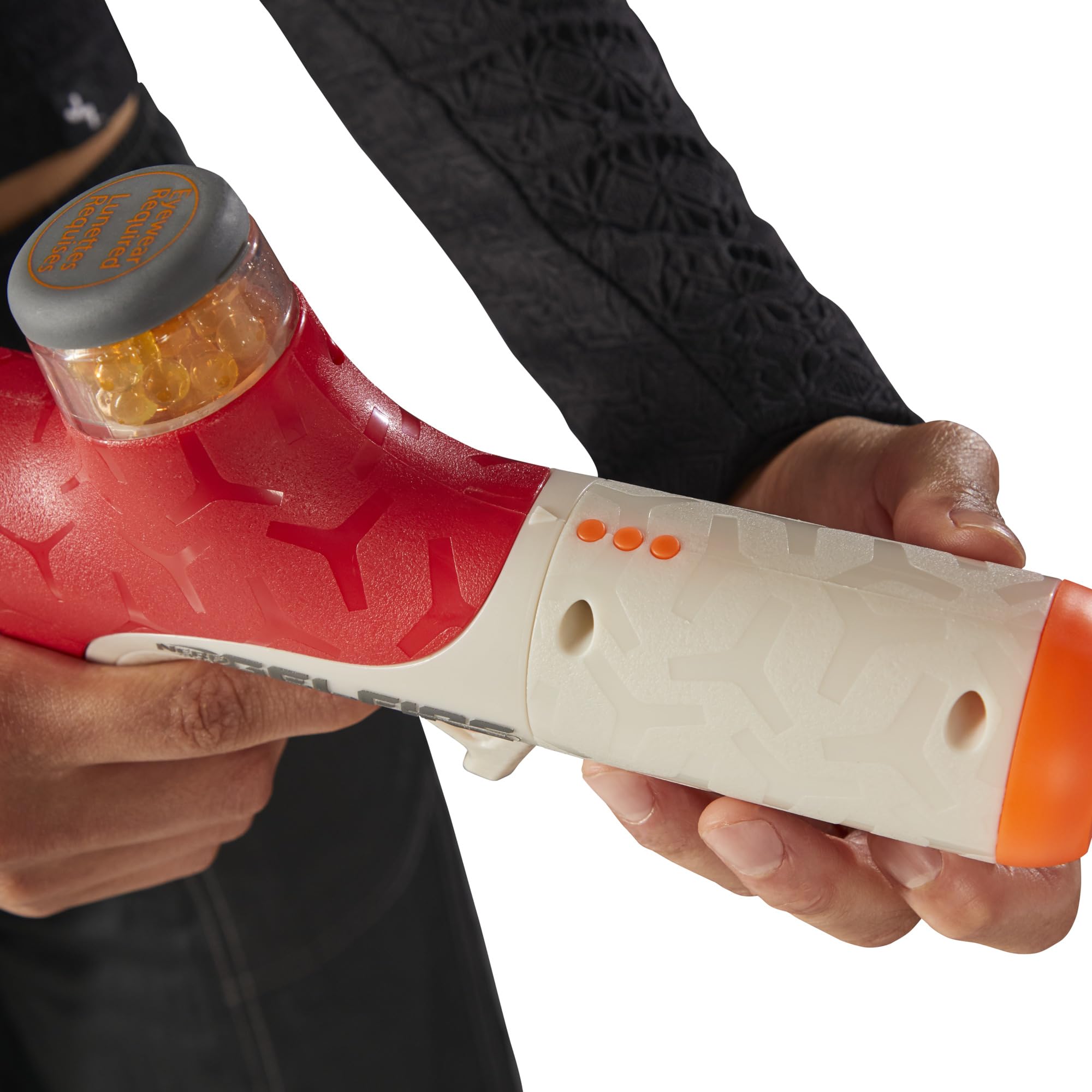 Nerf Pro Gelfire Twist Shot Blaster, 150 FPS, 5.000 cartucce Gelfire, alimentazione T-Pull, caricatore integrato da 80 cartucce, occhiali protettivi per età superiore ai 14 anni