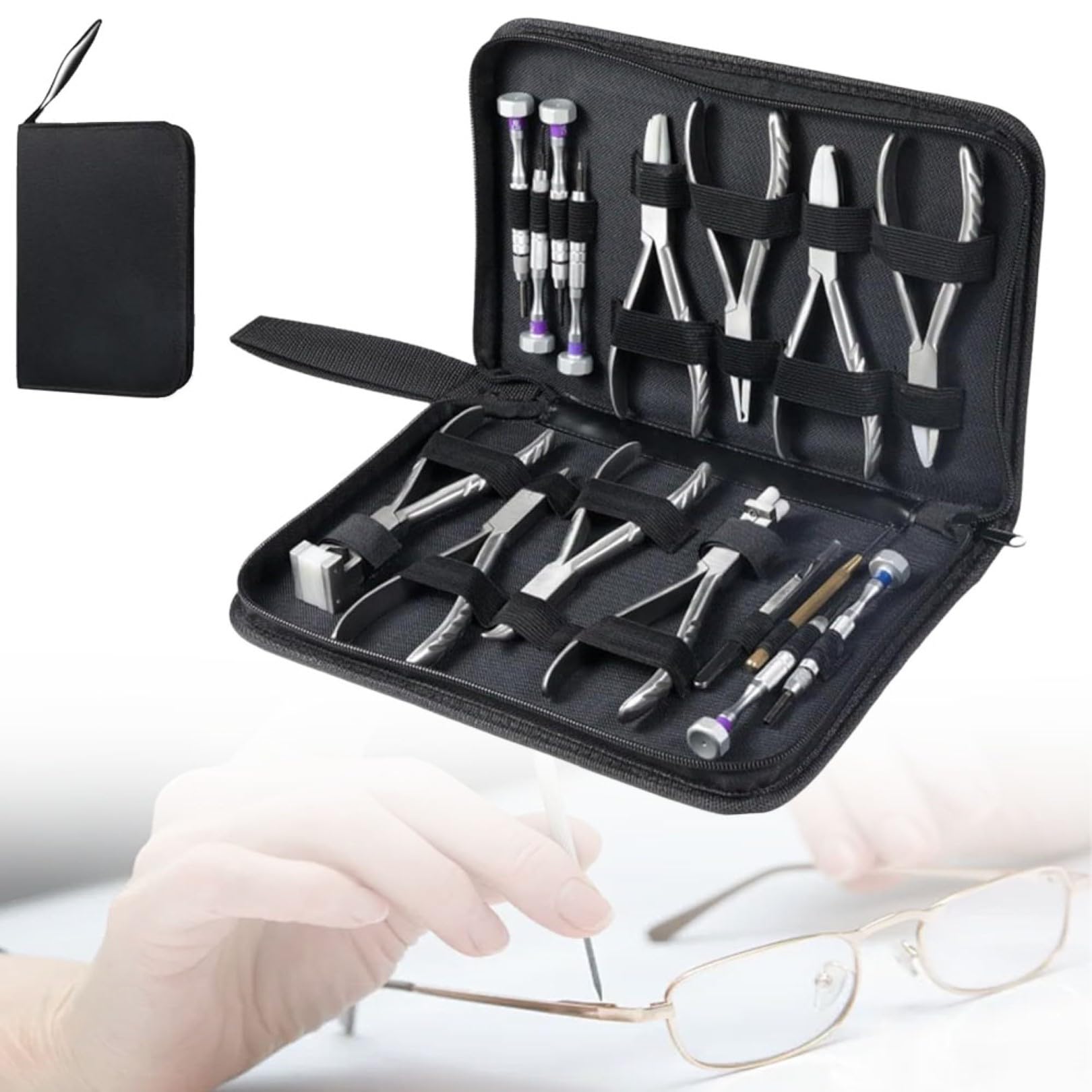 Kit de réparation de lunettes 16 pièces en acier inoxydable avec étui pour réparation de lunettes, cadre et outils de silhouette