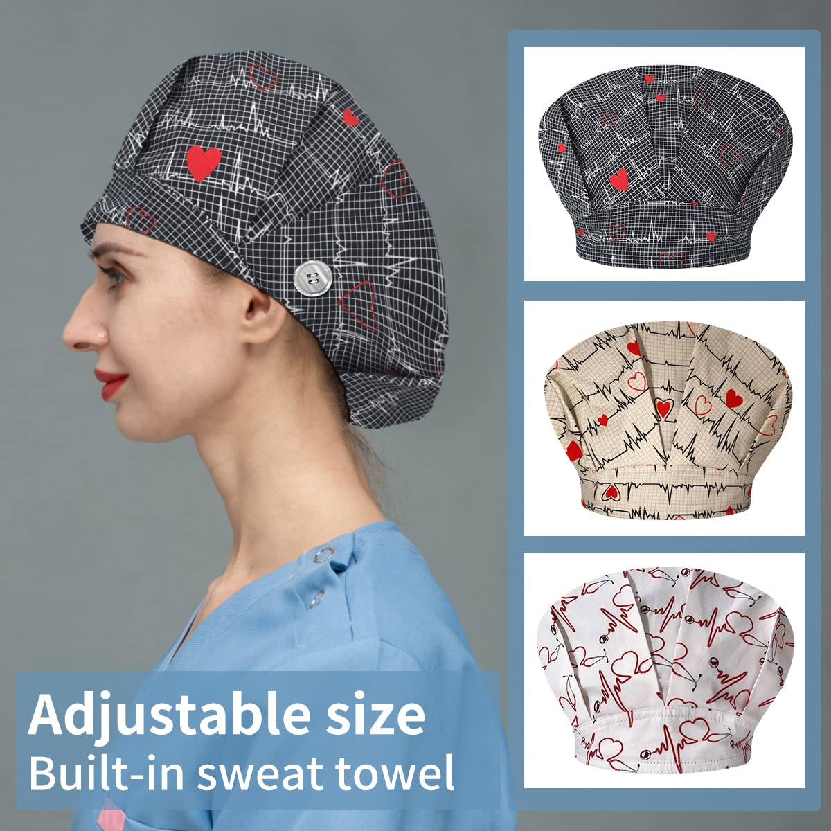 niaahinn Unisex Breathable Dental Bouffant Caps with Buttons and Sweatband Elastic Cute Printing Nurse Head Covers (52068-52086-52092)